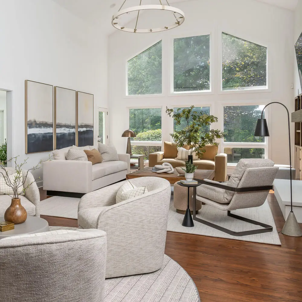 Clean, white & wood living room