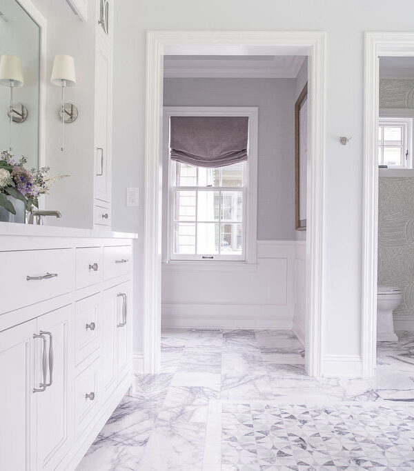 Bath room vanity and purple floor tile