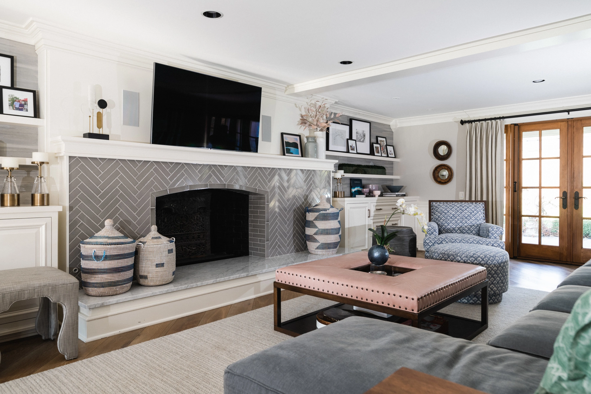 seating area around fireplace