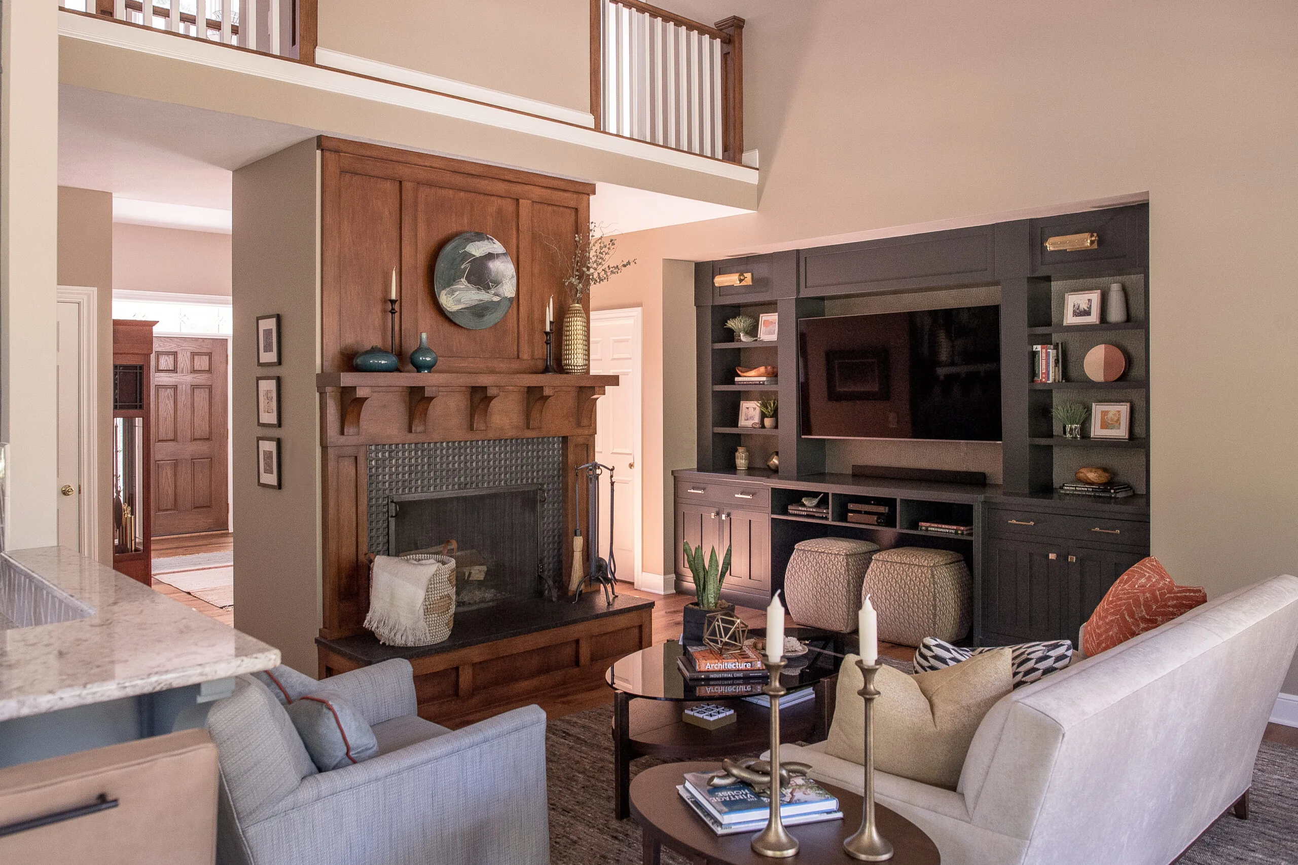 Great room with fireplace and tv nook