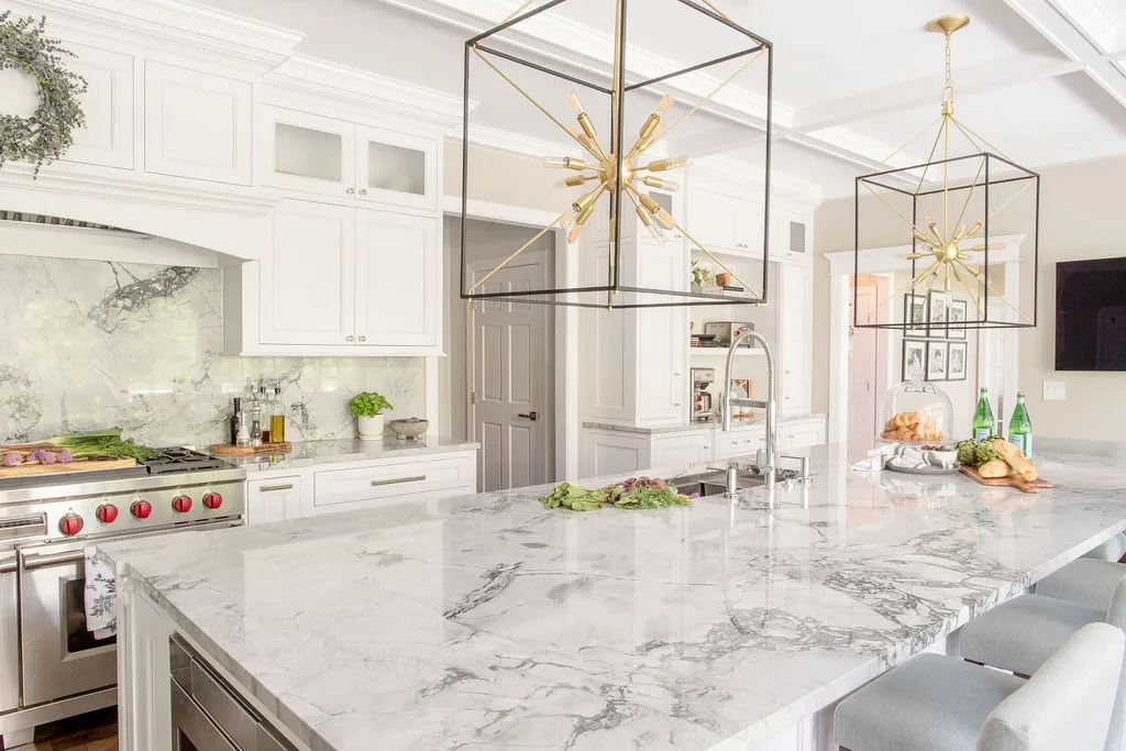 Large kitchen island with two square pendants above