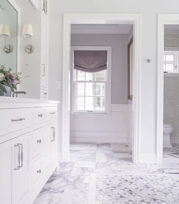 Bath room vanity and purple floor tile