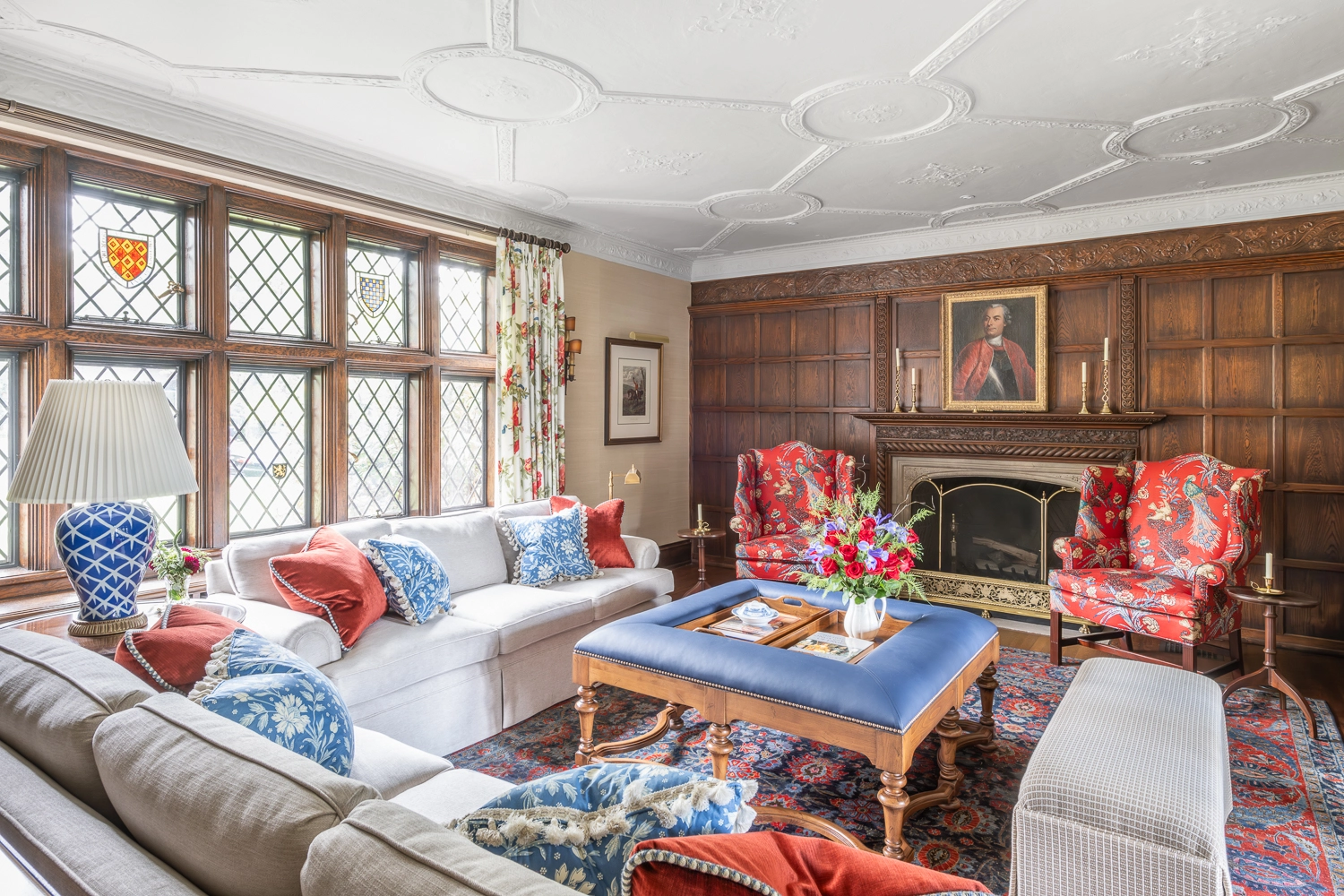 Image looking into a traditional living room with 2 sofas and a coffee table