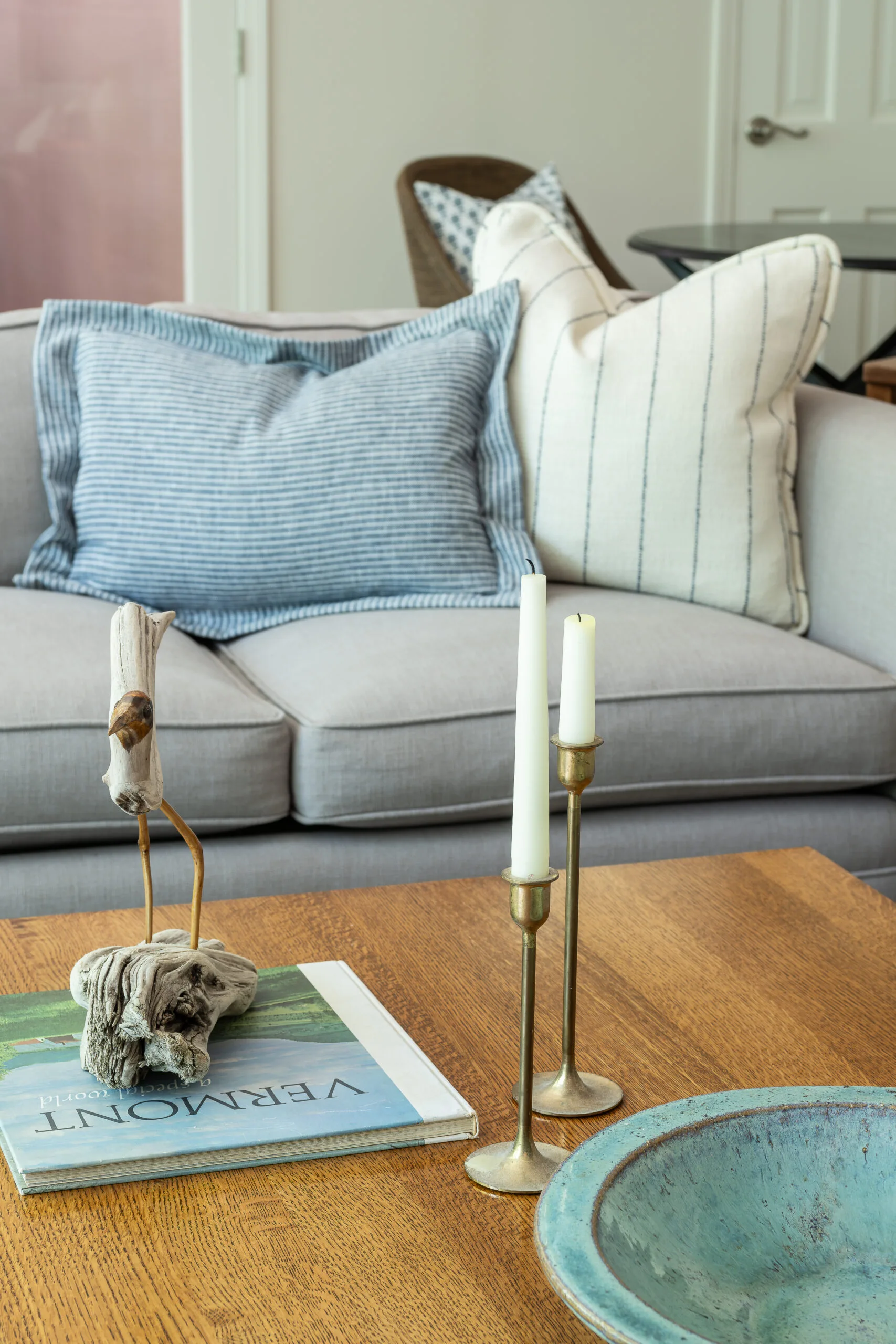 cozy sofa with custom pillow and craftsman coffee table