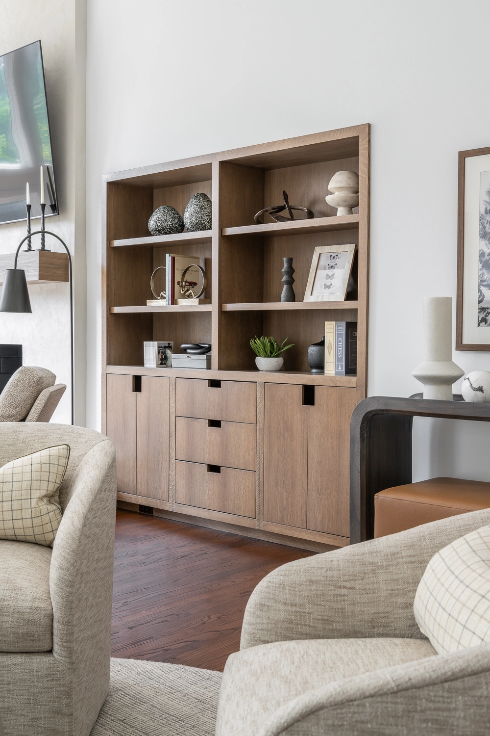 Modern built-in cabinetry luxury white oak with notched finger pulls and luxury accessories
