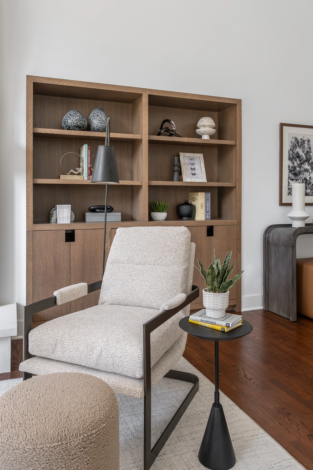 Modern built-in cabinetry luxury white oak with notched finger pulls and luxury accessories