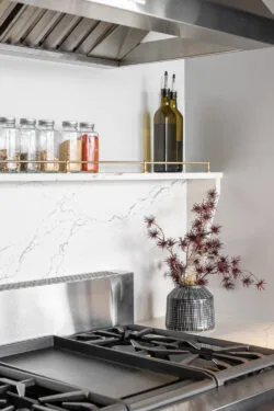 white marble backsplash with spice shelf