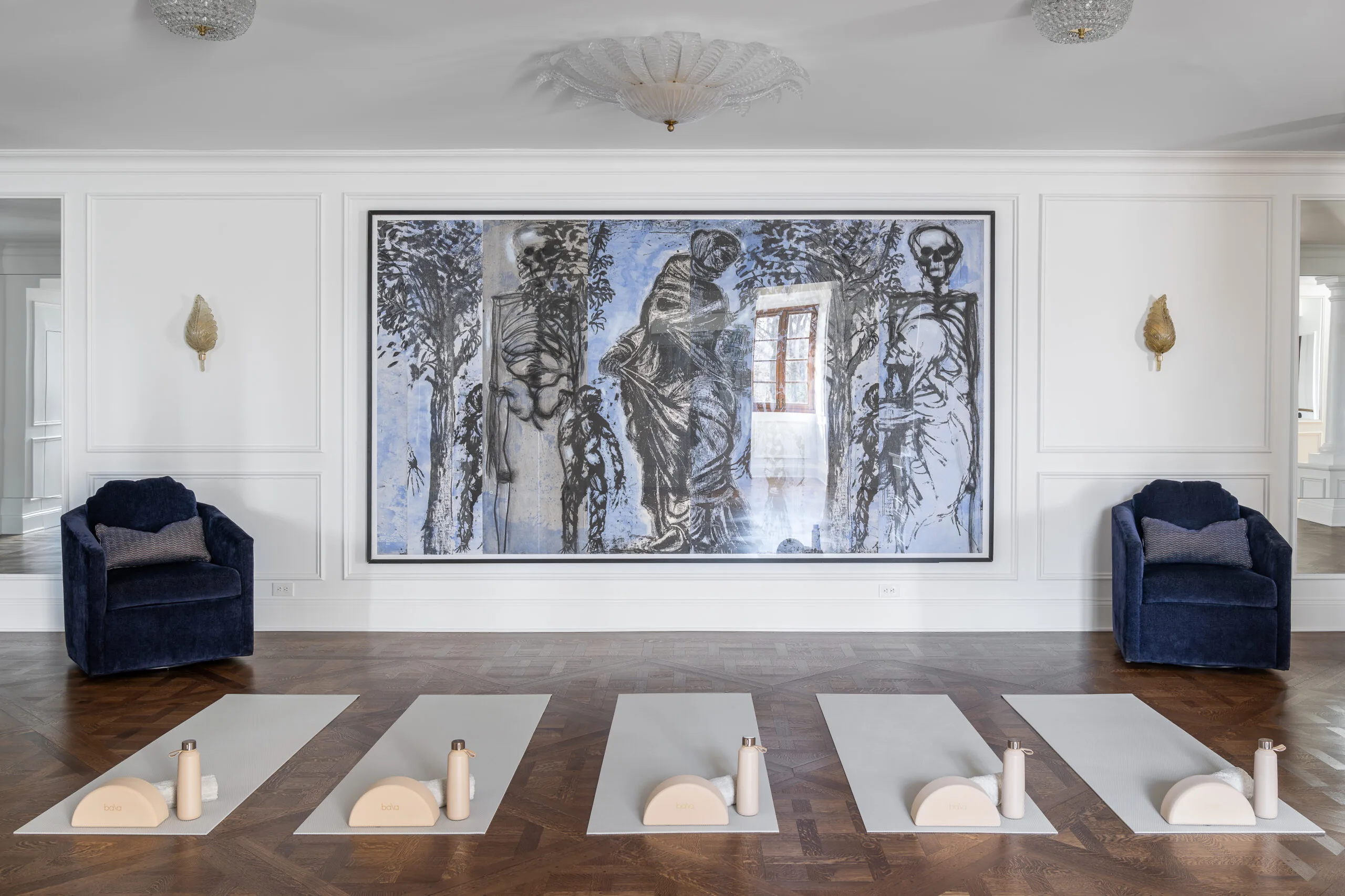Luxury Home Gym with traditional millwork and large artwork