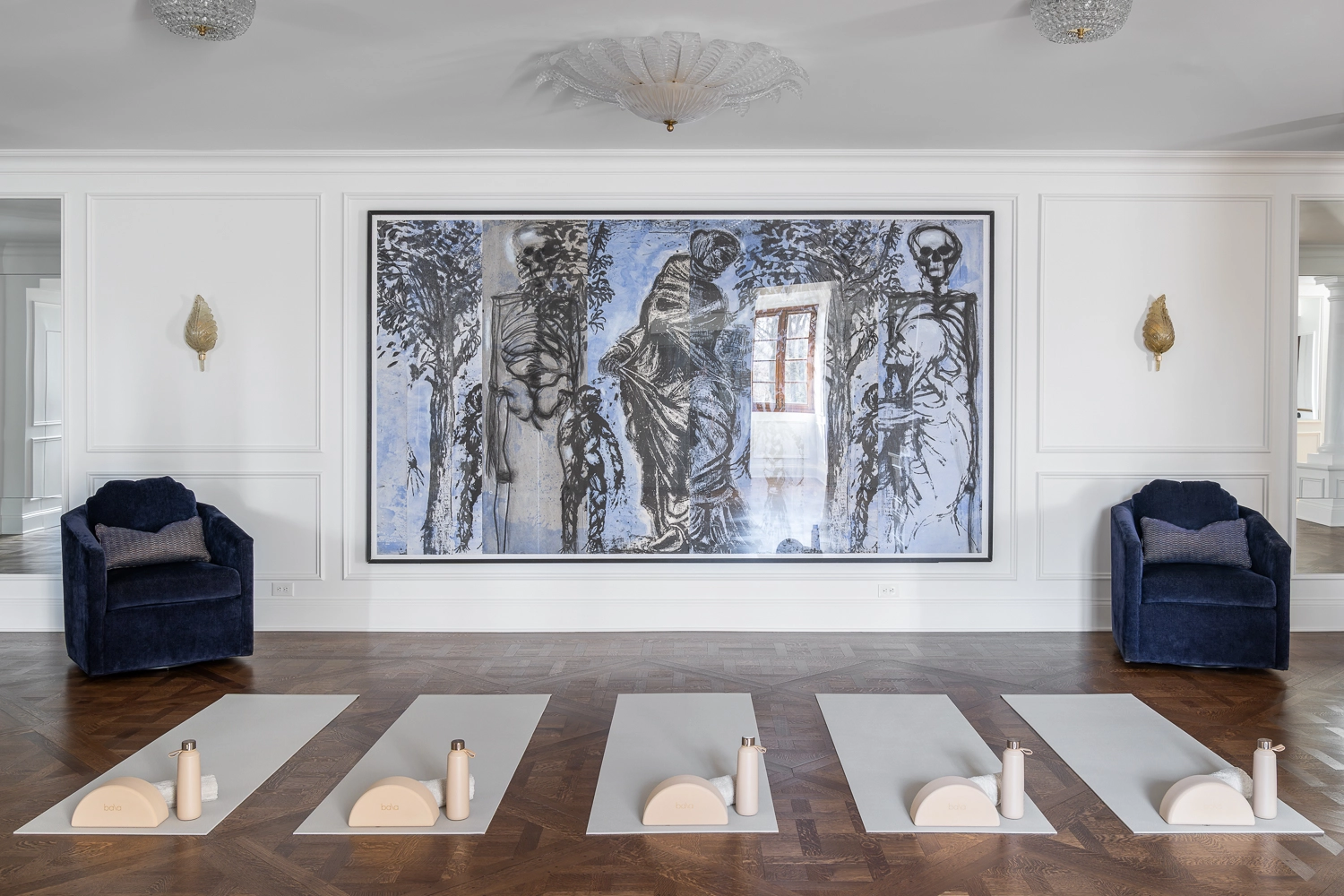 Luxury Home Gym with traditional millwork and modern artwork