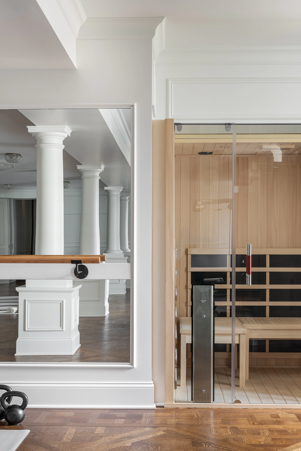 Luxury Home Gym with traditional millwork, sauna & ballet bar