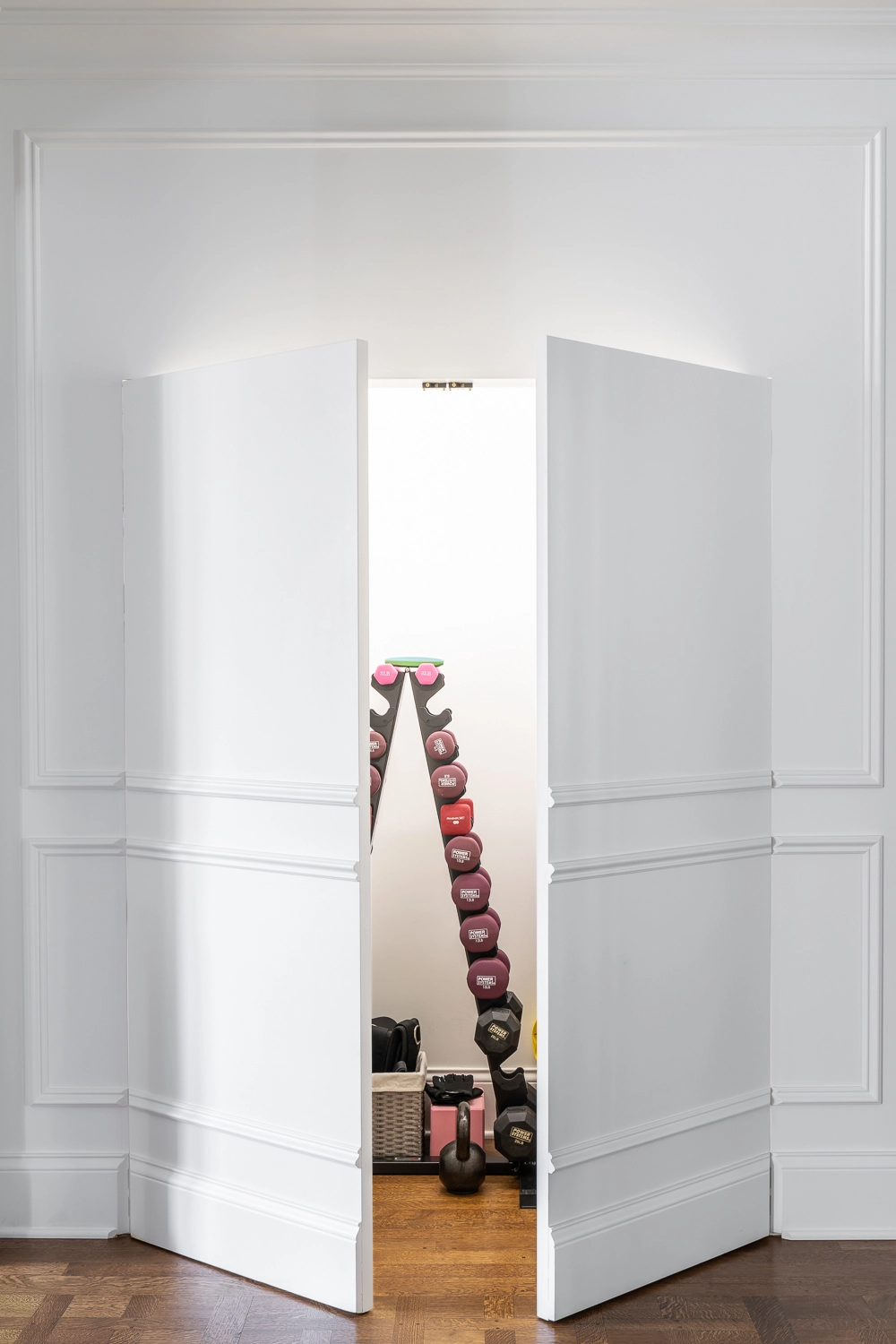 Luxury Home Gym with traditional millwork and hidden closet