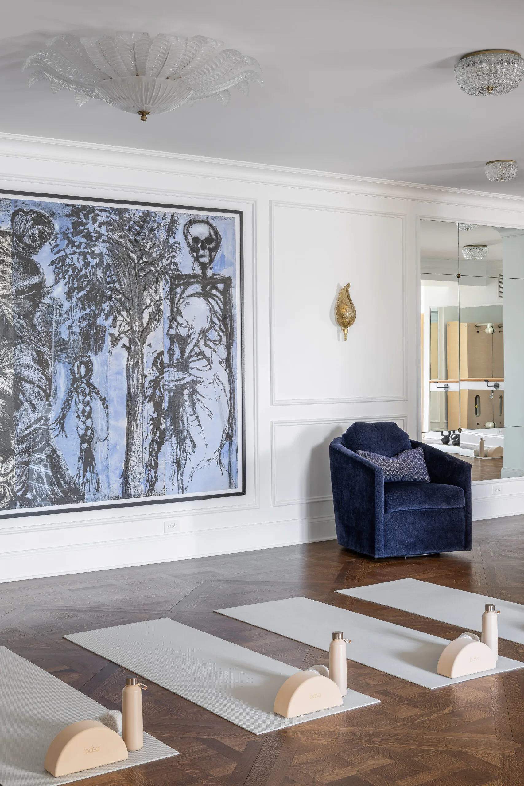 Luxury Home Gym with traditional millwork and large artwork