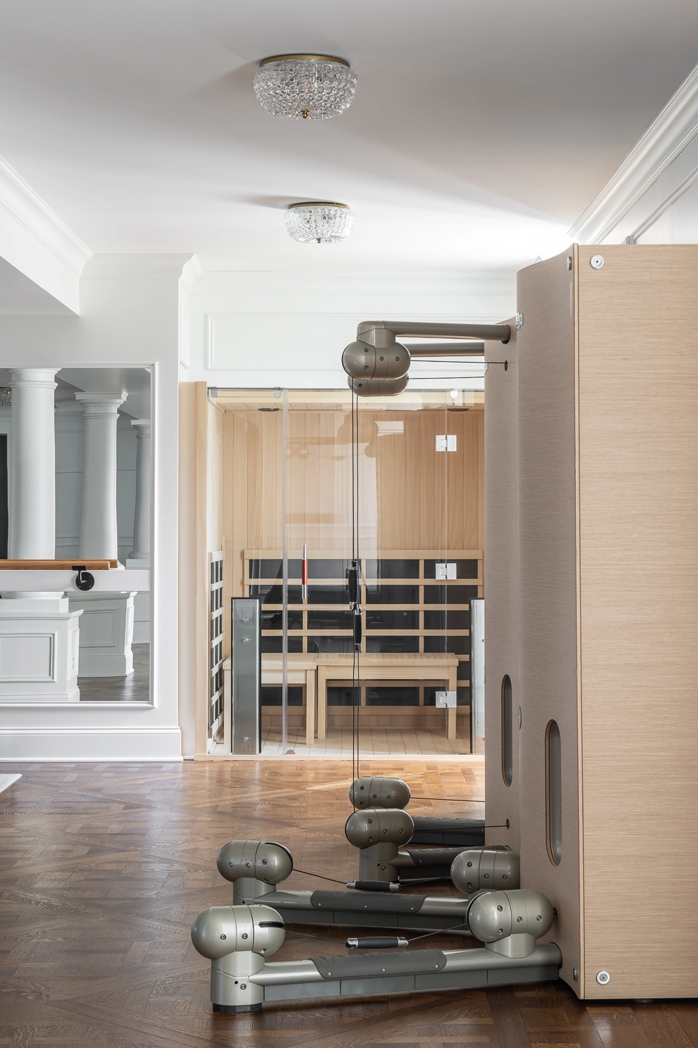 Luxury Home Gym with traditional millwork and furniture
