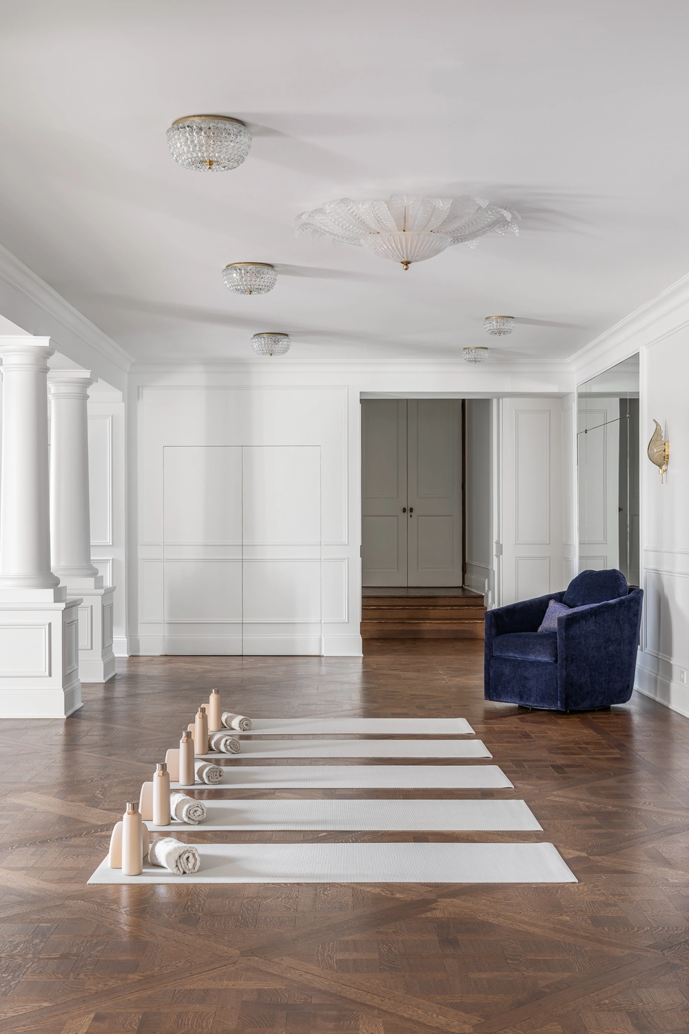 Luxury Home Gym with traditional millwork and yoga room