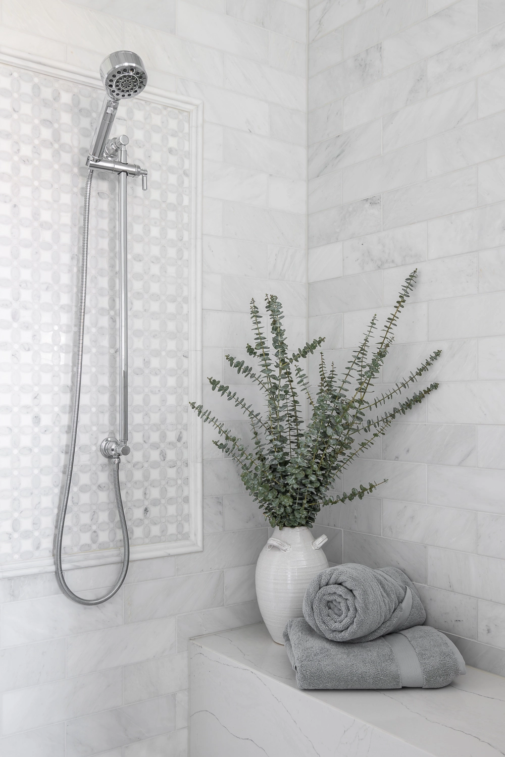 white marble shower