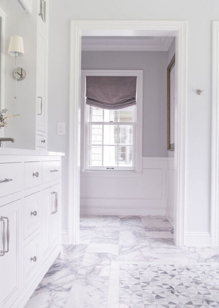 Bath room vanity and purple floor tile
